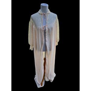 Vintage 1950s Pink Peignoir Romantic Pink Floor length Robe Lace Satin Trim